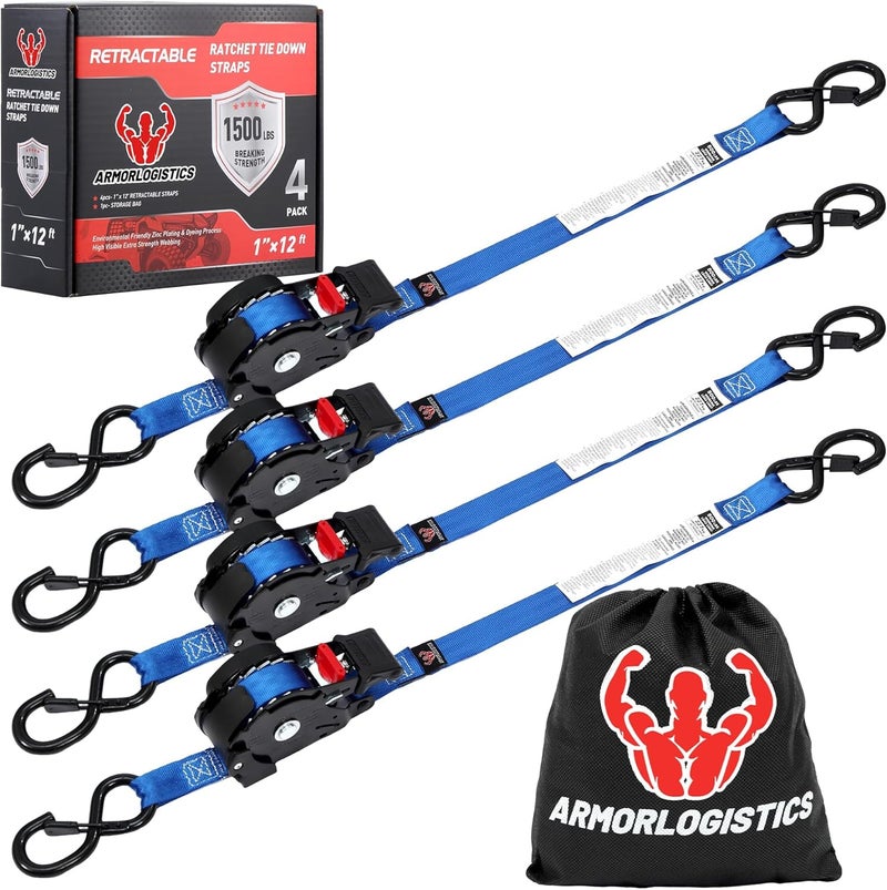 ARMORLOGISTICS Retractable Ratchet Straps 4 Pack, 1 in x 12 FT Auto Ratchet Straps for Motorcycle, Kayak and Trucks, Breaking Strength 1,500LBS/500LBS Working Load Limit Blue - Image 1
